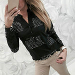 Women Blouse Long Sleeve Letters V Neck Lapel Blouse Fashon